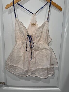 Hollister Cream Eyelet Lace Ruffle Tank Top with Blue Floral Straps